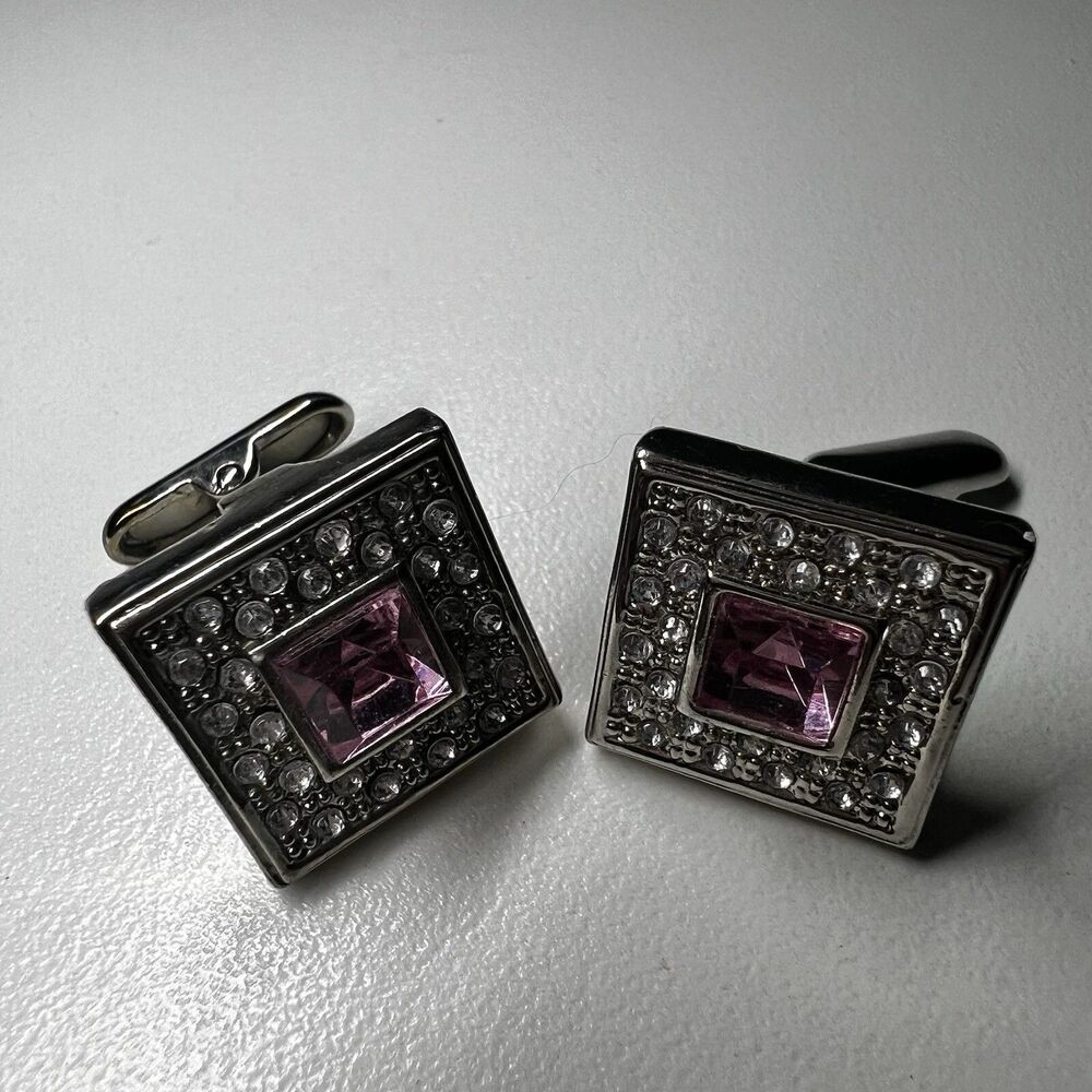 Vintage Silver Tone Square Pink Crystal Rhinestone Mens Wedding Cufflinks